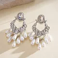 Elegant vintage silver oval zirconia earrings with white teardrop pearl fringe pendants. - Irregular Pleated Tassel Pearl Drop (51#)