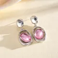 Vintage silver-tone drop earrings with oval pink stones and irregular molten metal design. - Silver Lava Texture Pink Cat Eye Style (43#)