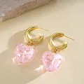 Elegant pink heart-shaped glass pendant hoop earrings in polished golden finish for women - Gold Ring Pink Heart Pendant Style (74#)