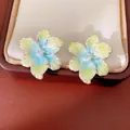 Elegant blue and yellow enamel flower stud earrings with a tiny zirconia center stone - Flower Style (HE31337) / Green - Blue