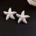 Exquisite silver-tone starfish stud earrings decorated with elegant white pearl accents - Silver Colorful Pearl Starfish Style (60#)