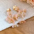 Elegant peach acrylic flower drop earrings with golden metal accents for sweet feminine style - Gold Plated Pink
