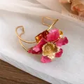 Elegant fuchsia enamel flower cuff bracelet with textured gold center and vintage finish. - Bangle / Eco Gold / Rose Red