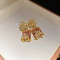 Vintage style gold earrings with square pink cubic zirconia and delicate floral accents. - Pink Square Pendant / Silver Needle / Gold