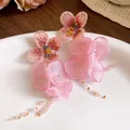 Elegant pink chiffon flower tassel earrings with delicate embroidery and beads for women - Silver Earring Post - Pink