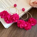 Detail of fuchsia chiffon flower petals and gold hoops on elegant drop earrings - Floral (HE32076) / One Pair / Rose Red