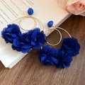 Elegant bohemian deep blue chiffon flower hoop earrings featuring chic raffia texture - Floral (HE32076) / One Pair / Blue