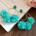 Elegant teal fabric flower hoop earrings with golden circles for a stylish beach vacation look - Floral (HE32076) / One Pair / Teal