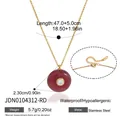 Detailed view of red resin pendant necklace with stainless steel chain and size specs - Round Red Stone Necklace (JDN0104312-RD)