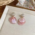 Elegant pink cat-eye shell tassel earrings with gold mesh beads, Korean style. - Silver Earring Post Style / Pink