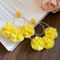 Handmade yellow chiffon flower hoop earrings with raffia accents for a summer resort look - 68# Silver Needle - Yellow