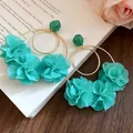 Elegant teal chiffon flower hoop earrings with green raffia studs for beach vacation - Style 70 (Silver Pin) / Teal
