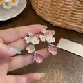 Elegant multi-color enamel flower drop earrings with rhinestones for a vacation look - Pink