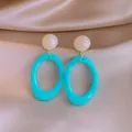 Stylish bright cyan oval resin hoop drop earrings with white round stud for beach vacation - Oval Hoop Style / Blue