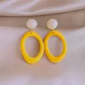 Vibrant yellow oval acrylic drop earrings with white round studs in retro dopamine style - Oval Hoop Style / Yellow
