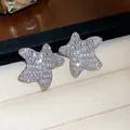 Detailed macro view of sparkling star-shaped stud earrings with full zircon inlay. - Silver