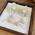 Handmade green organza flower drop earrings with elegant beaded tassels and floral accents - Green/Coffee