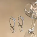 Elegant silver bow hoop earrings with sparkling cubic zirconia for women - Rhinestone Bowknot Style / Silver