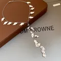 Silver wrinkled leaf tassel Y-shaped necklace with multiple pendants for women - Silver