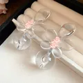 Close-up detail of elegant clear acrylic floral earrings featuring delicate pink rose accents - Silver Earring Post Style / Transparent-Pink