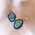 Elegant Monet Garden inspired blue enamel drop earrings with gold floral center details - Ear Hook-Blue / Blue