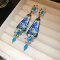 Vintage palace style drop earrings with blue resin flowers and rhinestones in jewelry box - Ear Buckle / Blue