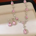 Elegant pink crystal jewelry set with oval rhinestone necklace and teardrop earrings - Necklace and Earring Set / Pink