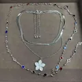 Charming silver-tone multi-layered necklace with white flower pendant and colorful crystal beads - Silver-White-Multicolor
