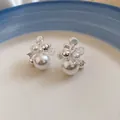 Elegant silver needle earrings with white pearls and clear crystal beads in a minimalist style - Silver-White