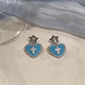 Eleganti orecchini pendenti a stella e cuore in argento con pietre blu e croce - Stile Cuore e Stella(6239648067770) / Argento e Blu