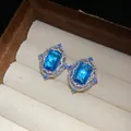 Vintage luxury blue emerald-cut zircon ring with micro-pave crystals in jewelry box - Stud Earrings (HR3579) / 925 Silver Needle / Blue