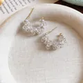 Elegant silver needle hoop earrings featuring clear glass beads and white pearls - Faux Pearl Decoration / White