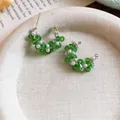 Silver needle hoop earrings with green glass beads and pearls, dopamine style - Faux Pearl Decoration / Green