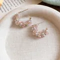 Handmade glass bead hoop earrings with pink crystals and small pearls for women - Faux Pearl Decoration / Pink