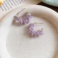 Elegant handmade purple faceted glass bead and white pearl C-shaped hoop earrings - Faux Pearl Decoration / Purple