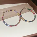 Vibrant large colorful glass stone hoop earrings with S925 silver needle design. - Silver / Colorful