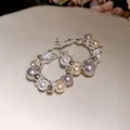 Elegant silver needle hoop earrings featuring multicolor pearls and sparkling rhinestones - Coffee-Gray (Steel Post)