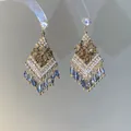Elegant ethnic style tassel earrings with blue gradient crystals and pearls - Rhombus Tassel Style (4#)