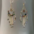 Bohemian style colorful tassel chandelier earrings with teardrop beads in gold finish - Ethnic Pendant Style (5#)