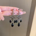 Elegant ethnic style chandelier earrings with black water drop tassels and silver needles. - Floral Butterfly Tassel (21#)