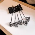 Detailed view of vintage gothic black lace slave bracelet with five connected rings - Hollow Floral Style (HB5949 HB5950) / Black