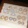 Elegant 6-pair set of pearl and gold earrings in heart and flower designs - 6 Pairs Set / Gold-White