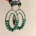 Elegant emerald green oval hoop earrings decorated with sparkling crystal accents - Vintage Large Oval (38#)