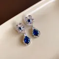 Silver needle waterdrop drop earrings with blue stone floral design and crystal accents - Pear Deep Blue Drop (50#)