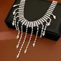 Detail of elegant silver rhinestone necklace with dangling teardrop tassels on black box - Water Drop Tassel Style / Silver