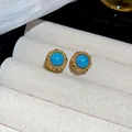 Elegant vintage ethnic style turquoise round stud earrings with gold textured frame - Vintage Turquoise Round (63#)