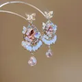 Elegant pink teardrop earrings with golden butterfly studs and crystal tassels - Butterfly Waterdrop Dangle (65#)