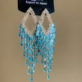 Elegant silver needle tassel earrings featuring blue baguette stones and sparkling crystals - Rectangular Blue Tassel (67#)
