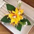Elegant yellow fabric orchid flower hair clip with delicate green leaves and white buds - Duckbill Hair Clips / Yellow