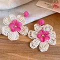 Bohemian raffia flower drop earrings with pink fabric center and steel needles - Flower Style (HE34251) / Rose Red